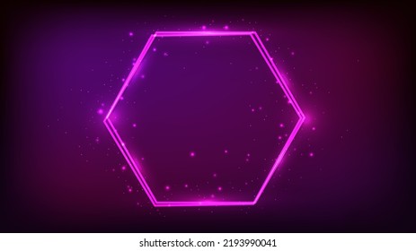 Neon double hexagon frame with shining effects and sparkles on dark background. Empty glowing techno backdrop. Vector illustration