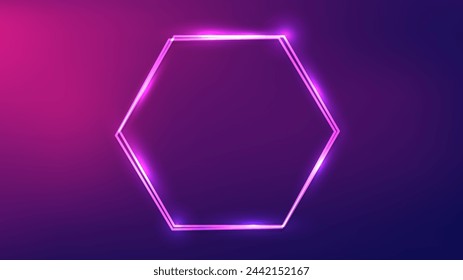 Neon double hexagon frame with shining effects on purple background. Empty glowing techno backdrop. Vector illustration