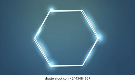 Neon double hexagon frame with shining effects on dark background. Empty glowing techno backdrop. Vector illustration