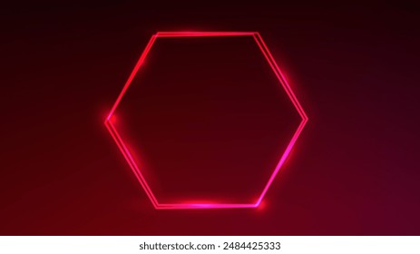 Neon double hexagon frame with shining effects on red background. Empty glowing techno backdrop. Vector illustration