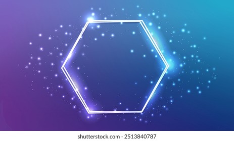 Neon double hexagon frame with shining effects and sparkles on blue background. Empty glowing techno backdrop. Vector illustration