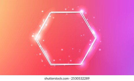 Marco de neón doble hexágono con efectos brillantes y destellos sobre fondo naranja. Fondo techno brillante vacío. Ilustración vectorial