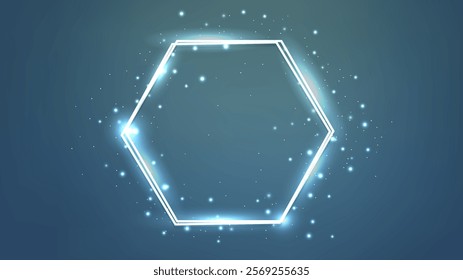 Neon double hexagon frame with shining effects and sparkles on dark background. Empty glowing techno backdrop. Vector illustration