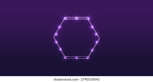Neon double hexagon frame with shining effects and sparkles on dark background,diagonal pattern