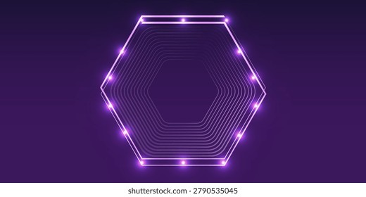 Neon double hexagon frame with shining effects and sparkles on dark background,diagonal pattern