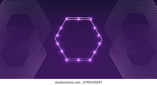 Neon double hexagon frame with shining effects and sparkles on dark background,diagonal pattern set