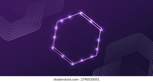 Neon double hexagon frame with shining effects and sparkles on dark background,diagonal pattern set geometric