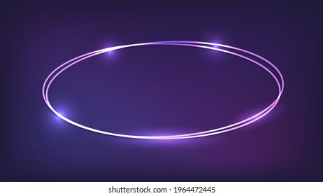 Neon double oval frame with shining effects on dark background. Empty glowing techno backdrop. Vector illustration.