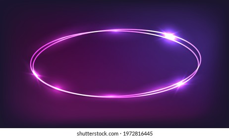 Neon double oval frame with shining effects on dark background. Empty glowing techno backdrop. Vector illustration.