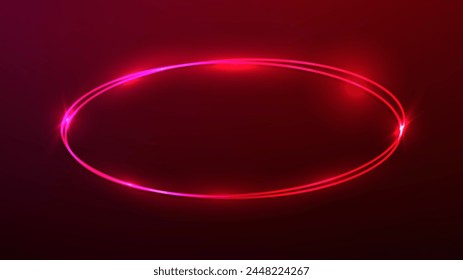 Neon doppelter ovaler Rahmen mit leuchtenden Effekten auf dunkelrotem Hintergrund. Leere glühende Techno-Kulisse. Vektorillustration