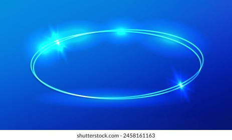 Neon double oval frame with shining effects on blue background. Empty glowing techno backdrop. Vector illustration