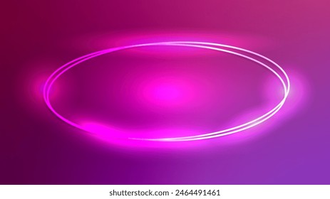 Neon double oval frame with shining effects on dark purple background. Empty glowing techno backdrop. Vector illustration