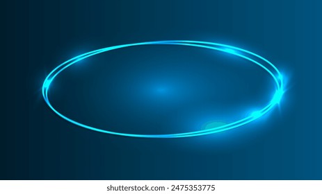 Neon double oval frame with shining effects on dark blue background. Empty glowing techno backdrop. Vector illustration