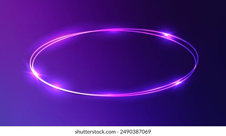 Neon double oval frame with shining effects on dark blue background. Empty glowing techno backdrop. Vector illustration