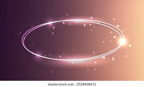 Neon double oval frame with shining effects and sparkles on brown background. Empty glowing techno backdrop. Vector illustration