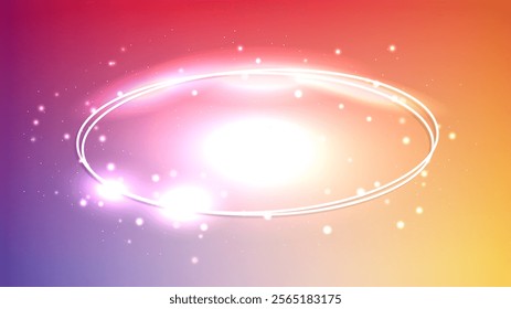 Neon double oval frame with shining effects and sparkles on orange background. Empty glowing techno backdrop. Vector illustration