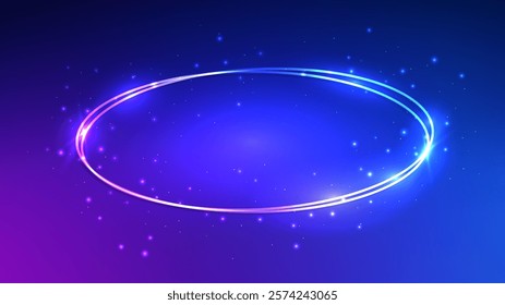 Neon double oval frame with shining effects and sparkles on dark blue background. Empty glowing techno backdrop. Vector illustration