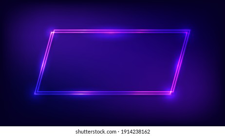 Neon double quadrangle frame with shining effects on dark background. Empty glowing techno backdrop. Vector illustration.