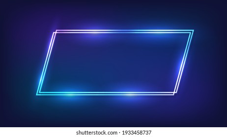 Neon double quadrangle frame with shining effects on dark background. Empty glowing techno backdrop. Vector illustration.
