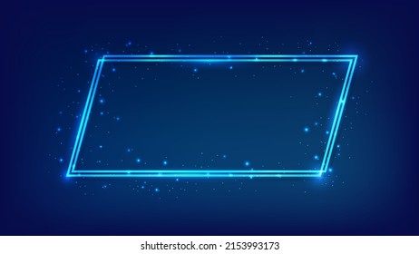 Neon double quadrangle frame with shining effects and sparkles on dark background. Empty glowing techno backdrop. Vector illustration