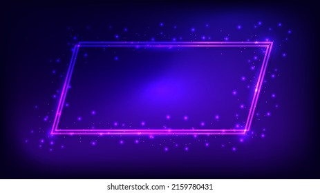 Neon double quadrangle frame with shining effects and sparkles on dark background. Empty glowing techno backdrop. Vector illustration