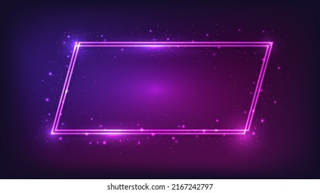 Neon double quadrangle frame with shining effects and sparkles on dark background. Empty glowing techno backdrop. Vector illustration