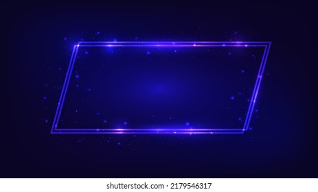 Neon double quadrangle frame with shining effects and sparkles on dark background. Empty glowing techno backdrop. Vector illustration