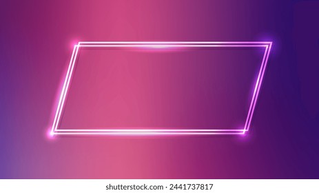 Neon double quadrangle frame with shining effects on purple background. Empty glowing techno backdrop. Vector illustration