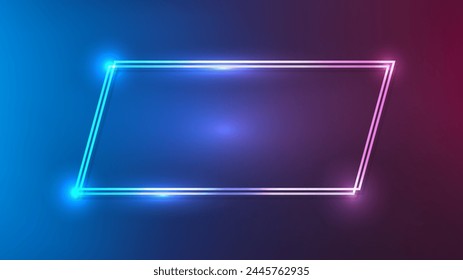 Marco de cuadrángulo doble de neón con efectos brillantes sobre fondo púrpura. Fondo tecno resplandeciente vacío. Ilustración vectorial