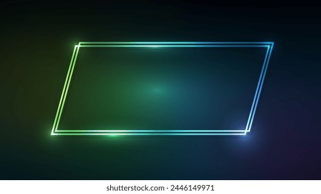 Neon double quadrangle frame with shining effects on green background. Empty glowing techno backdrop. Vector illustration