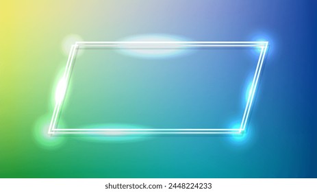 Neon double quadrangle frame with shining effects on green background. Empty glowing techno backdrop. Vector illustration