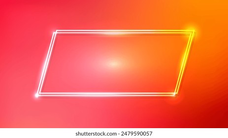 Neon double quadrangle frame with shining effects on orange background. Empty glowing techno backdrop. Vector illustration