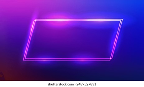 Neon double quadrangle frame with shining effects on purple background. Empty glowing techno backdrop. Vector illustration