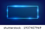 Neon double rectangular frame with shining effects on dark background. Empty glowing techno backdrop. Vector illustration.