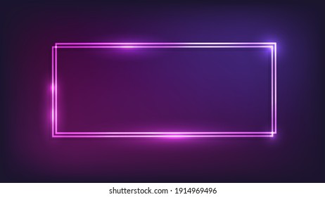 Neon double rectangular frame with shining effects on dark background. Empty glowing techno backdrop. Vector illustration.