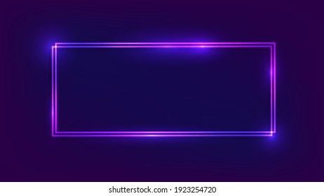 Neon double rectangular frame with shining effects on dark background. Empty glowing techno backdrop. Vector illustration.