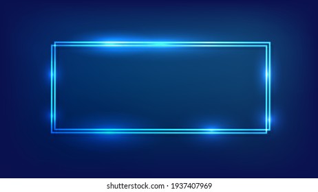 Neon double rectangular frame with shining effects on dark background. Empty glowing techno backdrop. Vector illustration.