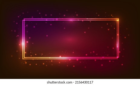 Neon double rectangular frame with shining effects and sparkles on dark background. Empty glowing techno backdrop. Vector illustration