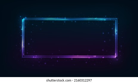 Marco rectangular doble neón con efectos brillantes y destellos sobre fondo oscuro. Fondo tecno brillante vacío. Ilustración del vector