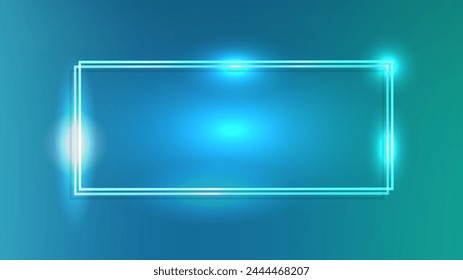 Neon double rectangular frame with shining effects on green background. Empty glowing techno backdrop. Vector illustration