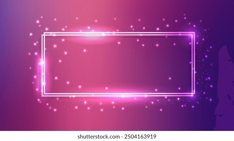 Neon double rectangular frame with shining effects and sparkles on dark purple background. Empty glowing techno backdrop. Vector illustration