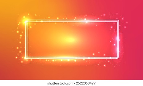 Neon double rectangular frame with shining effects and sparkles on orange background. Empty glowing techno backdrop. Vector illustration