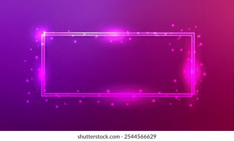 Neon double rectangular frame with shining effects and sparkles on dark purple background. Empty glowing techno backdrop. Vector illustration