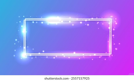 Neon double rectangular frame with shining effects and sparkles on purple background. Empty glowing techno backdrop. Vector illustration