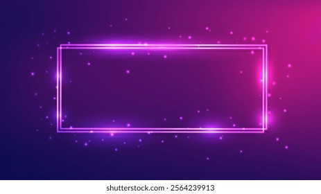 Neon double rectangular frame with shining effects and sparkles on dark purple background. Empty glowing techno backdrop. Vector illustration