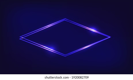 Neon double rhombus frame with shining effects on dark background. Empty glowing techno backdrop. Vector illustration.