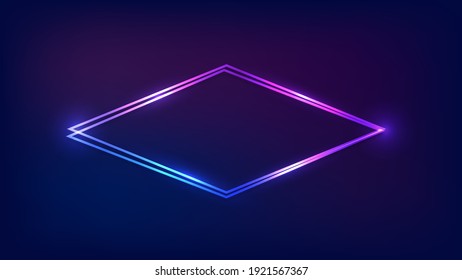 Marco neón doble rhombus con efectos brillantes sobre el fondo oscuro. Fondo tecno brillante vacío. Ilustración vectorial.