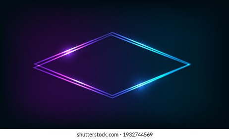 Neon double rhombus frame with shining effects on dark background. Empty glowing techno backdrop. Vector illustration.