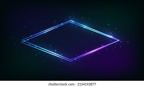 Neon double rhombus frame with shining effects and sparkles on dark background. Empty glowing techno backdrop. Vector illustration