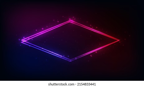 Marco neón doble rhombus con efectos brillantes y destellos en el fondo oscuro. Fondo tecno brillante vacío. Ilustración del vector